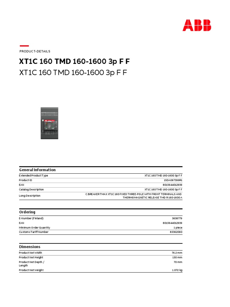1SDA067399R1 xt1c 160 TMD 160 1600 3p F F | PDF | Electrical ...