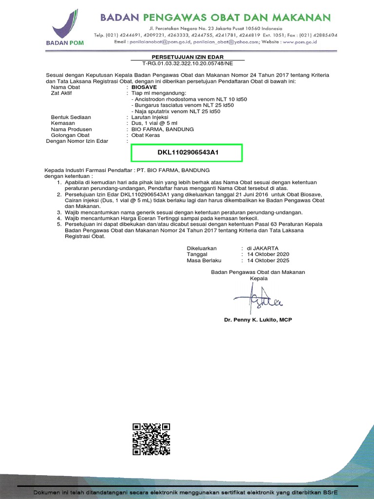 Persetujuan Edar Obat Biosave Injeksi | PDF