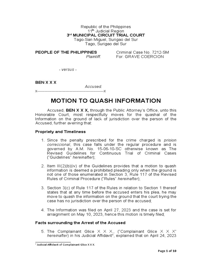 Motion To Quash Based On Illegal Arrest | PDF | Arrest | Arrest Warrant