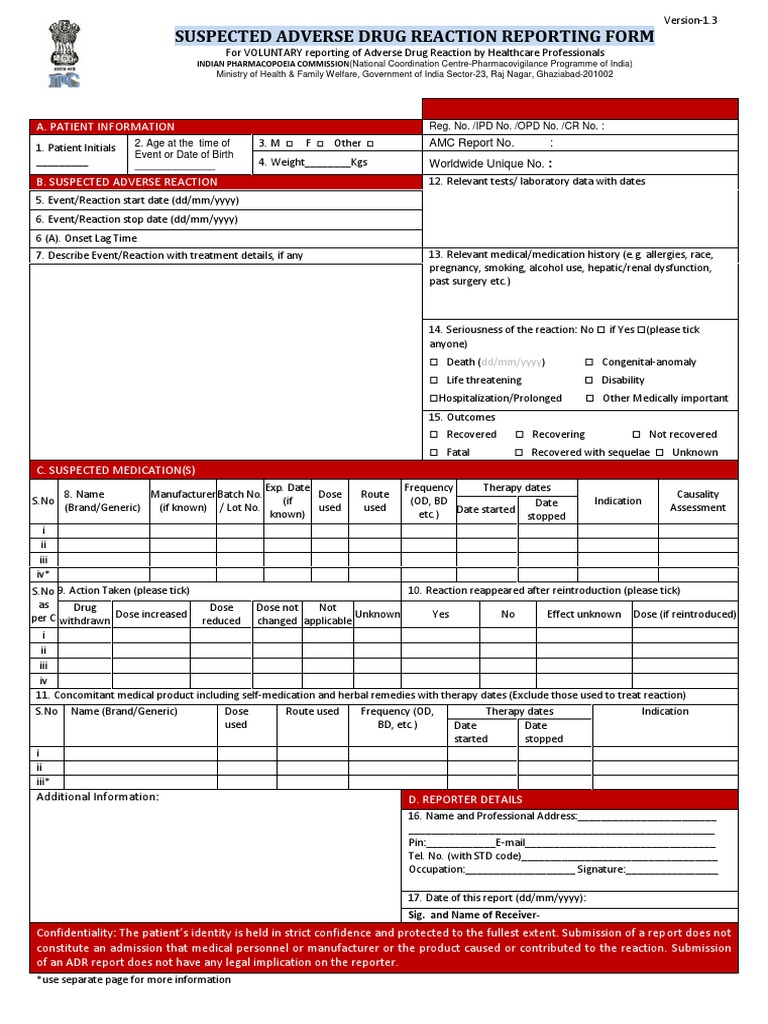 Adverse Drug Reaction Reporting Form | PDF | Pharmacology | Chemistry