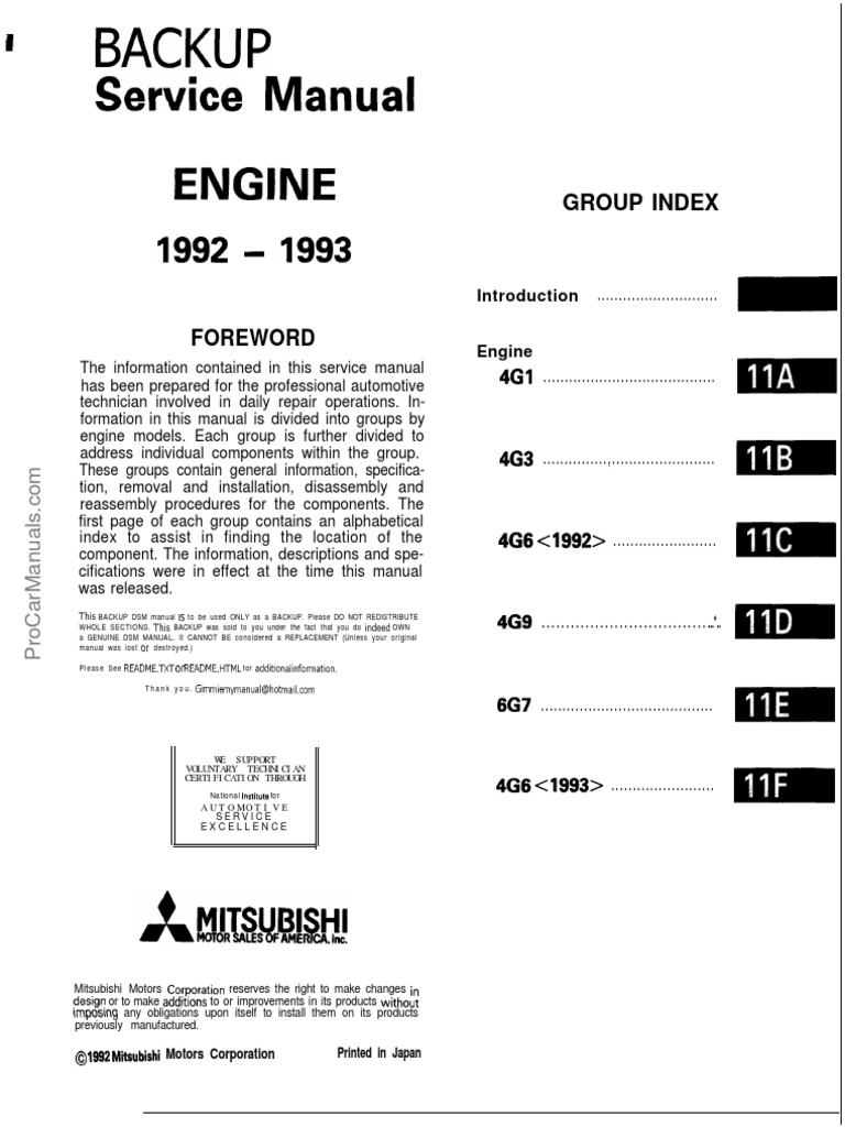 Mitsubishi 4G1 Engine Manual , ENGINE Workshop Manual 4G1 (E-W) – JPOO