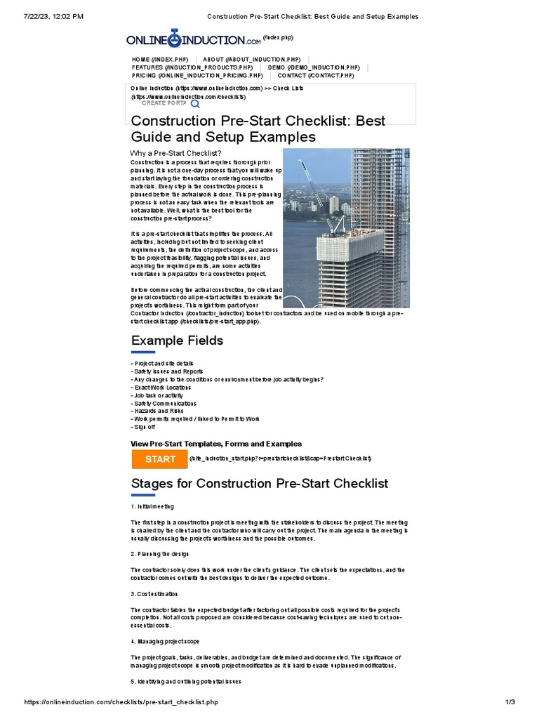Construction Pre Start Checklist Best Guide and Setup Examples PDF