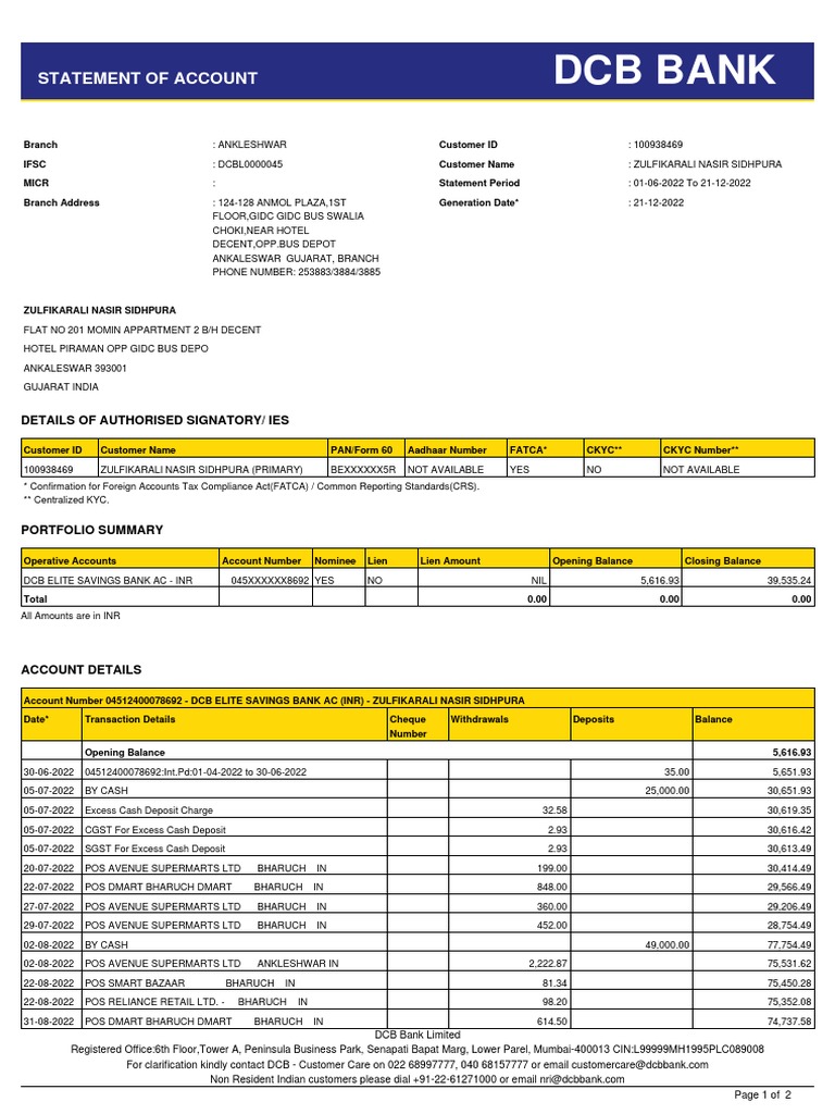 DCB BANK Statement of Account PDF Deposit Account Banks