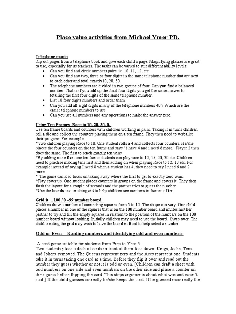 Place Value Activities Fro | PDF | Numbers | Decimal