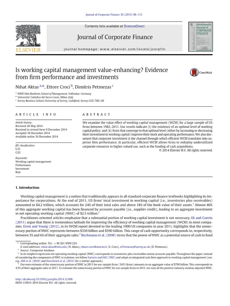 Is Working Capital Management Value Enhancing - Aktas - Et - Al - 2015 ...