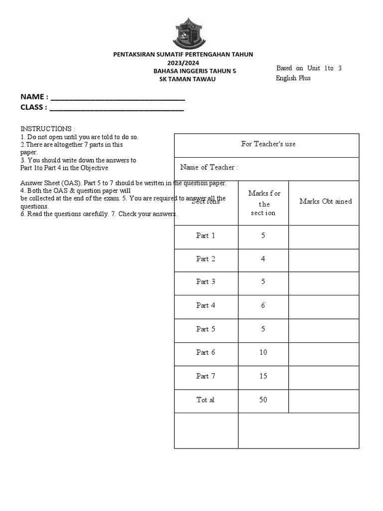 English Mid Term Year 5 Pdf Organisms