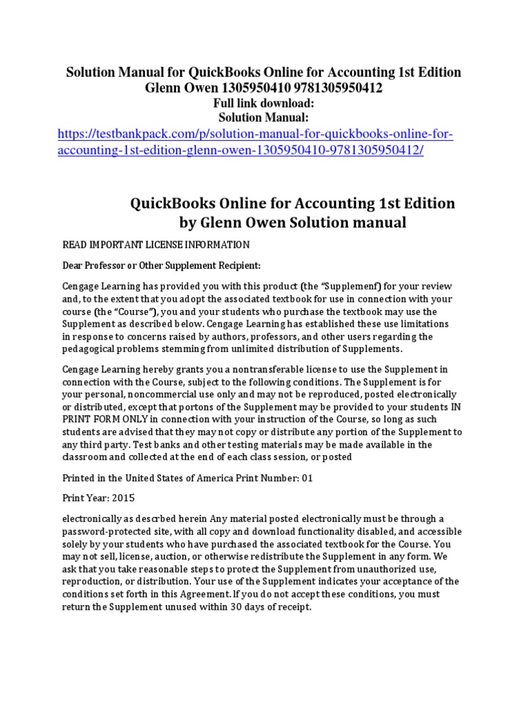 Quickbooks online for accounting 1st edition glenn owen solution manual