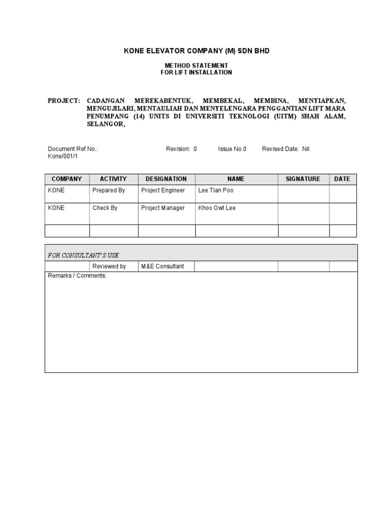 Lift Installation Method Statement for UITM | PDF | Elevator | Door