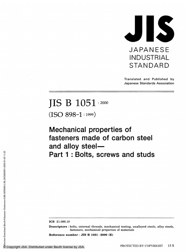 JIS B 1051 (2000) Mechanical Properties of Fasteners Made of Carbon and ...