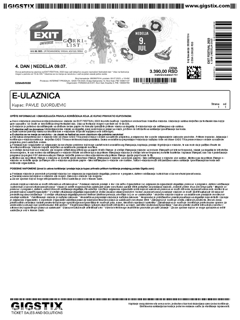 E Ulaznica 4 DAN NEDELJA 09 07 3 390 00 RSD PDF