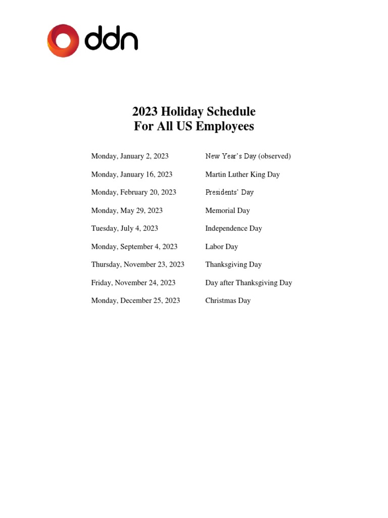 DDN Holiday Schedule 2023 PDF