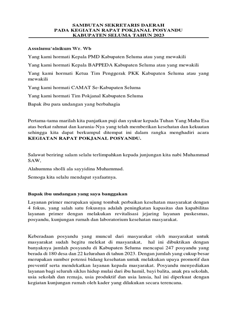 Sambutan Sekretaris Daerah Posyandu 2023 | PDF