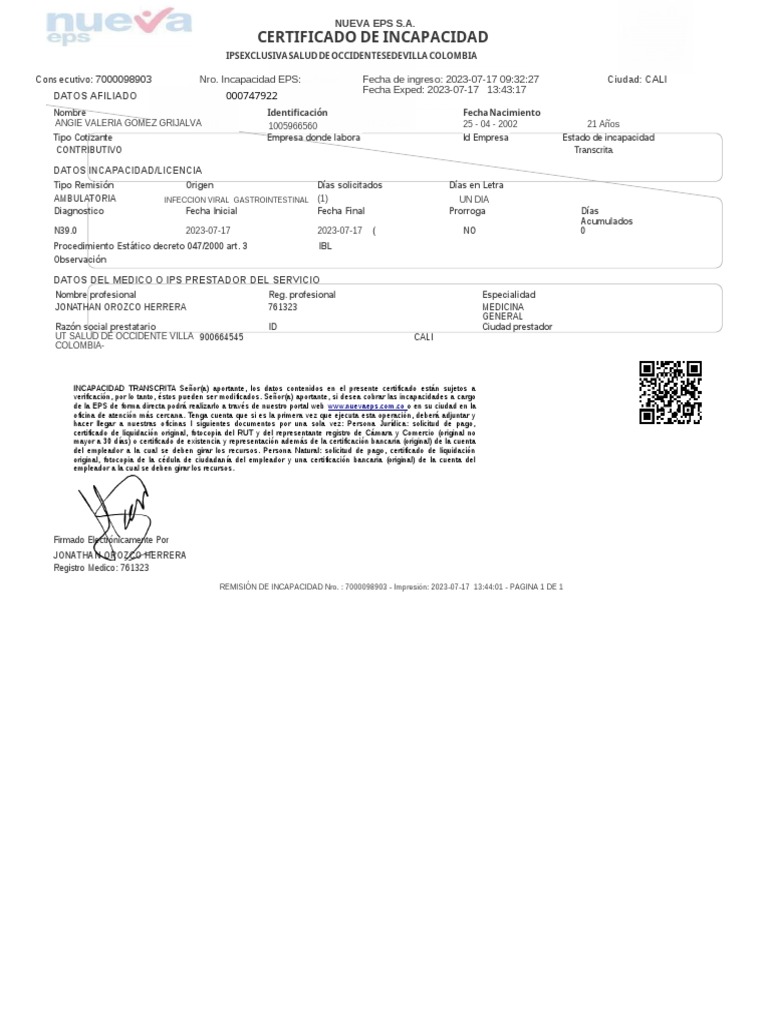 Certificado de Incapacidad Nueva EPS 2023 | PDF