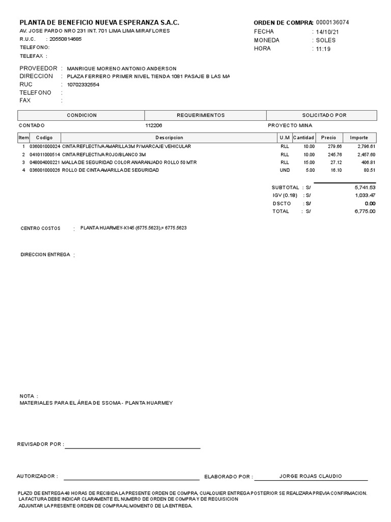 Orden de Compra de Materiales SSOMA | PDF