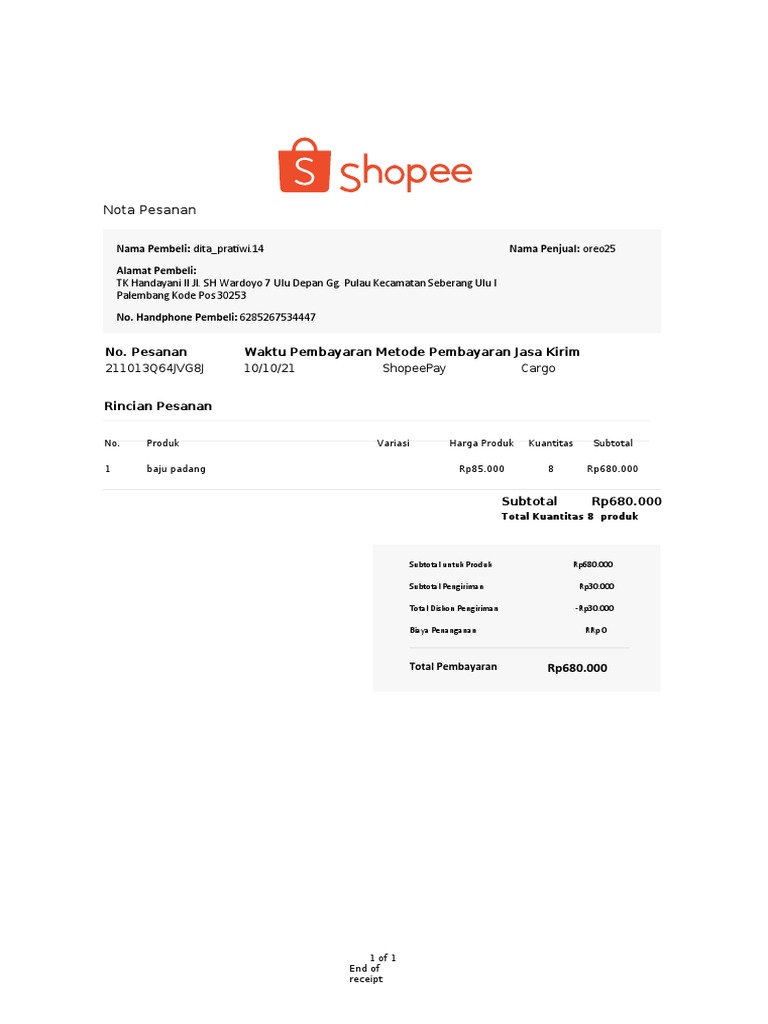 Nota Pesanan Baju Padang Rp680.000 | PDF