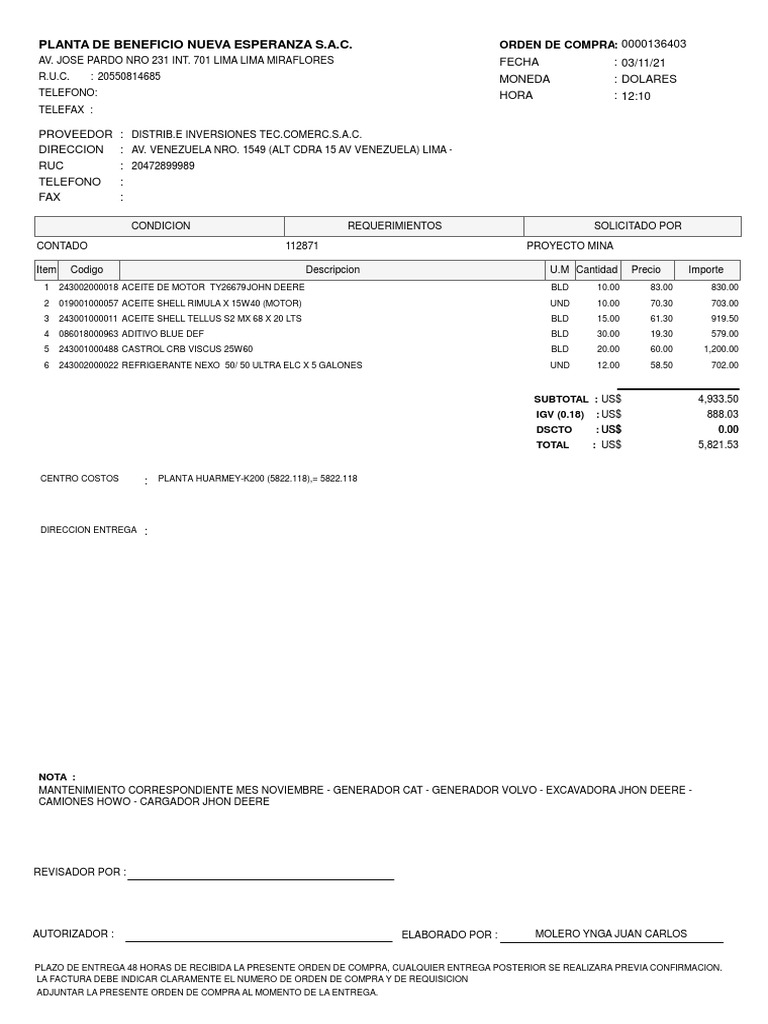 Orden de Compra para Mantenimiento Industrial | PDF