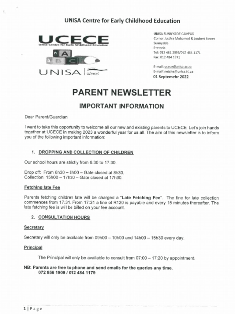 Unisa Center for Early Education Form PDF