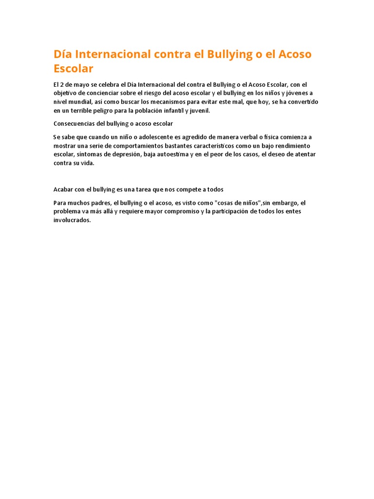 Día Internacional Contra El Bullying o El Acoso Escolar | PDF