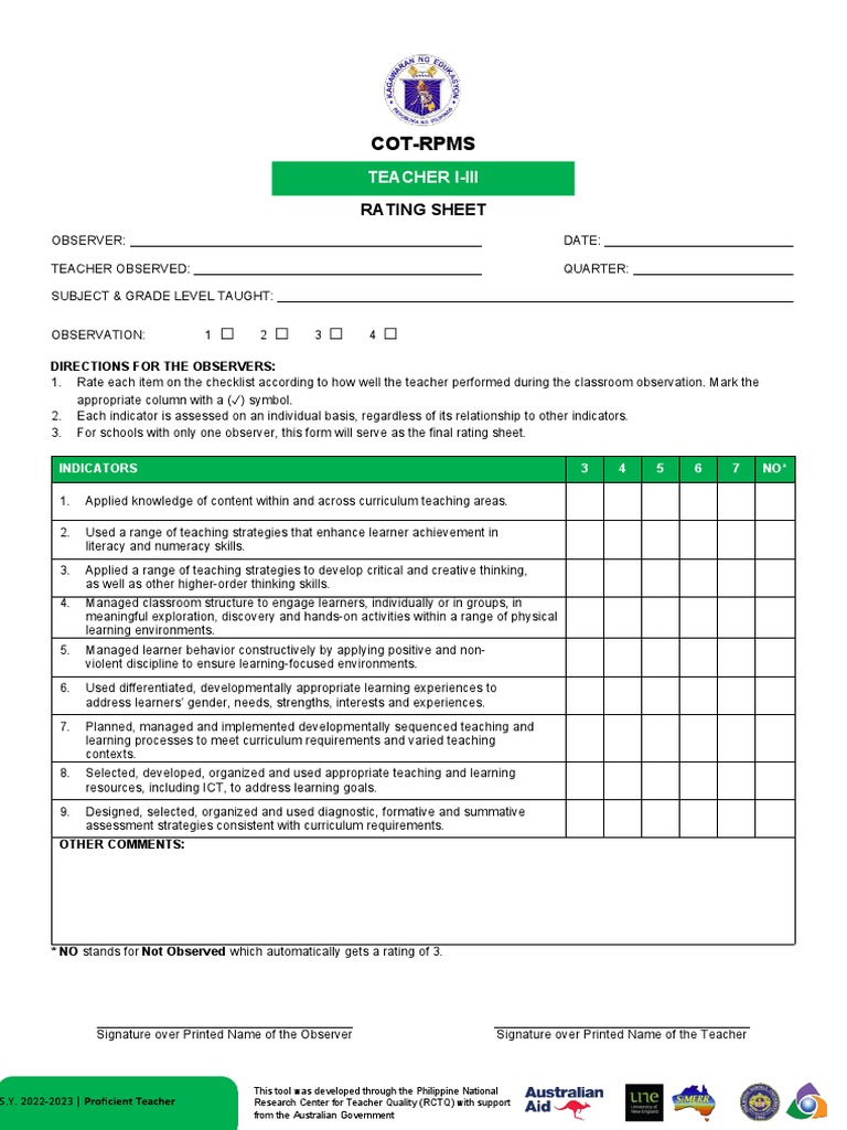 (Appendix C-02) COT-RPMS Rating Sheet For T I-III For SY 2022-2023 ...