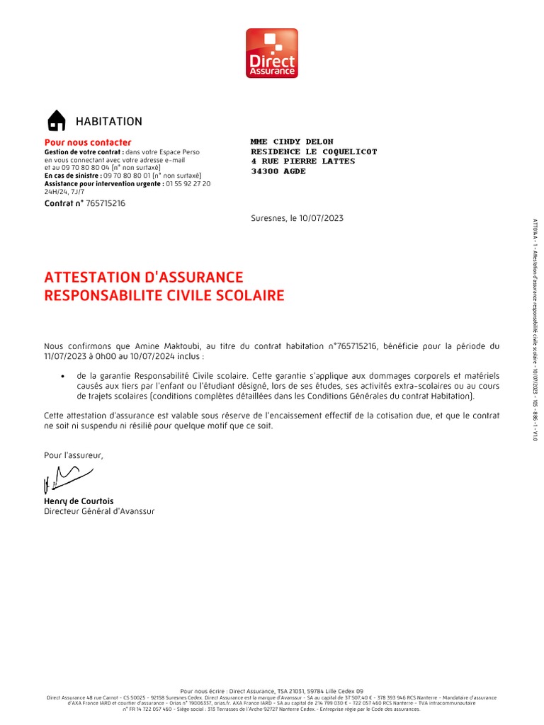 Attestation D'Assurance Responsabilite Civile Scolaire: Habitation ...
