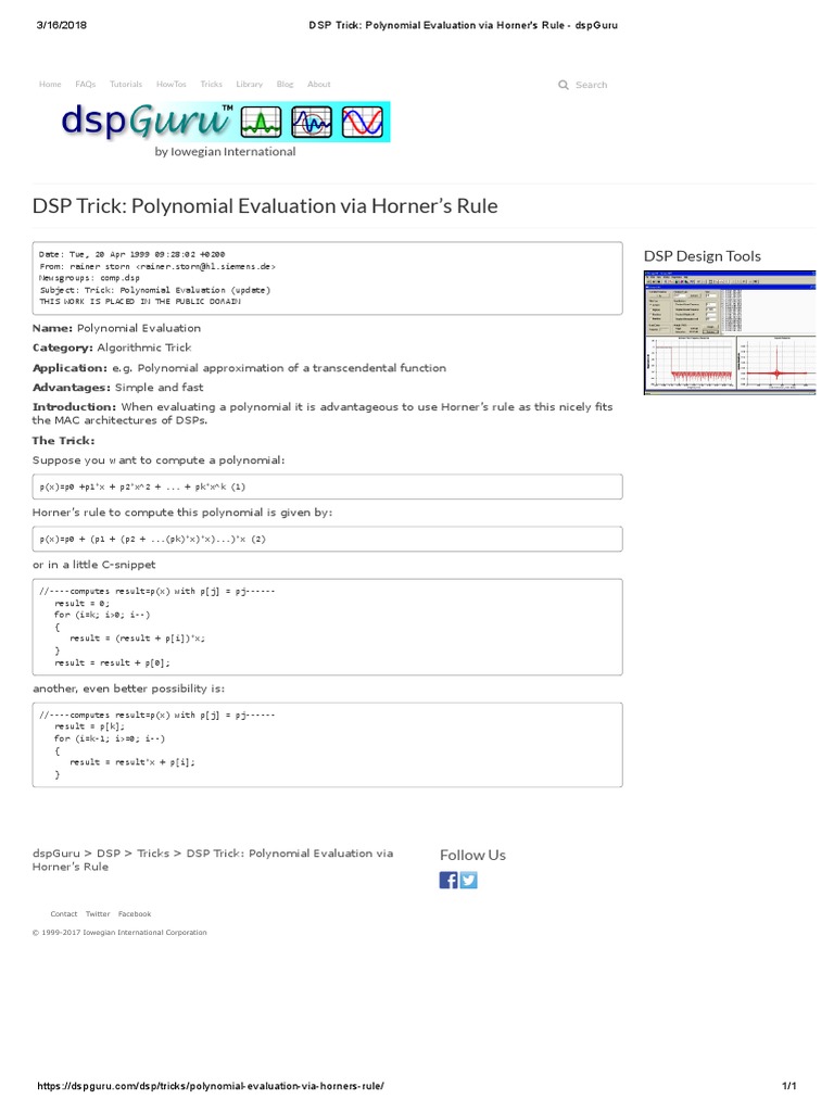 Polynomial Evaluation Via Horner's Rule - DspGuru | PDF