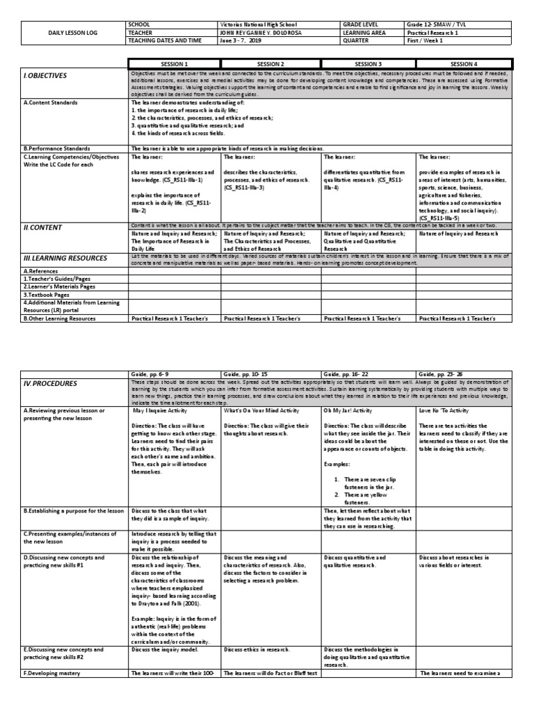 Grade 12 Practical Research Lesson Plan | PDF | Learning | Educational ...