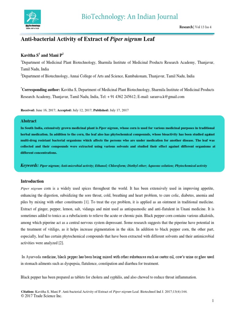Antibacterial Activity of Extract of Piper Nigrum Leaf | PDF | Black ...