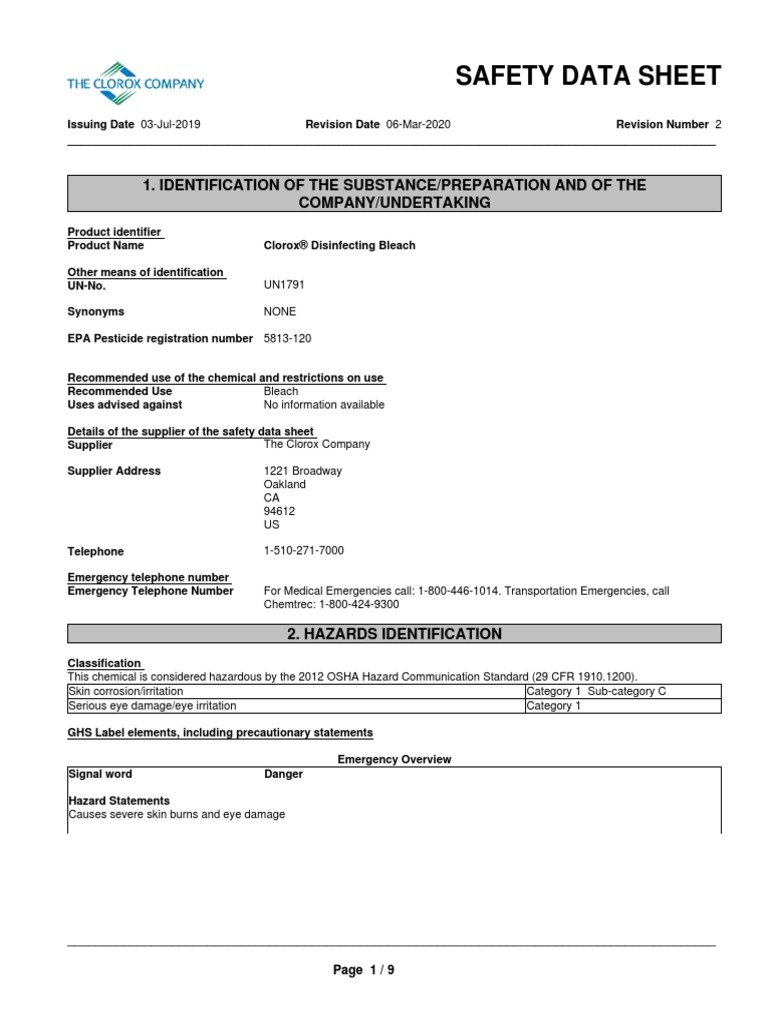 Clorox Disinfecting Bleach EN2 PDF Bleach Dangerous Goods