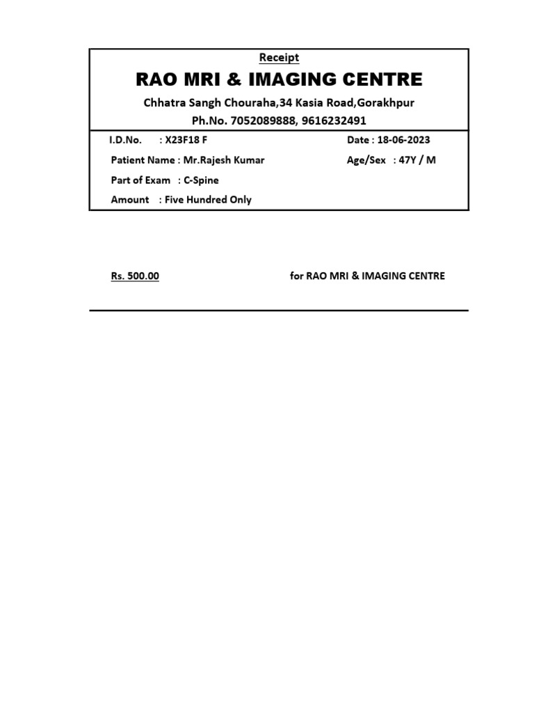 MRI Receipt for Mr. Rajesh Kumar | PDF