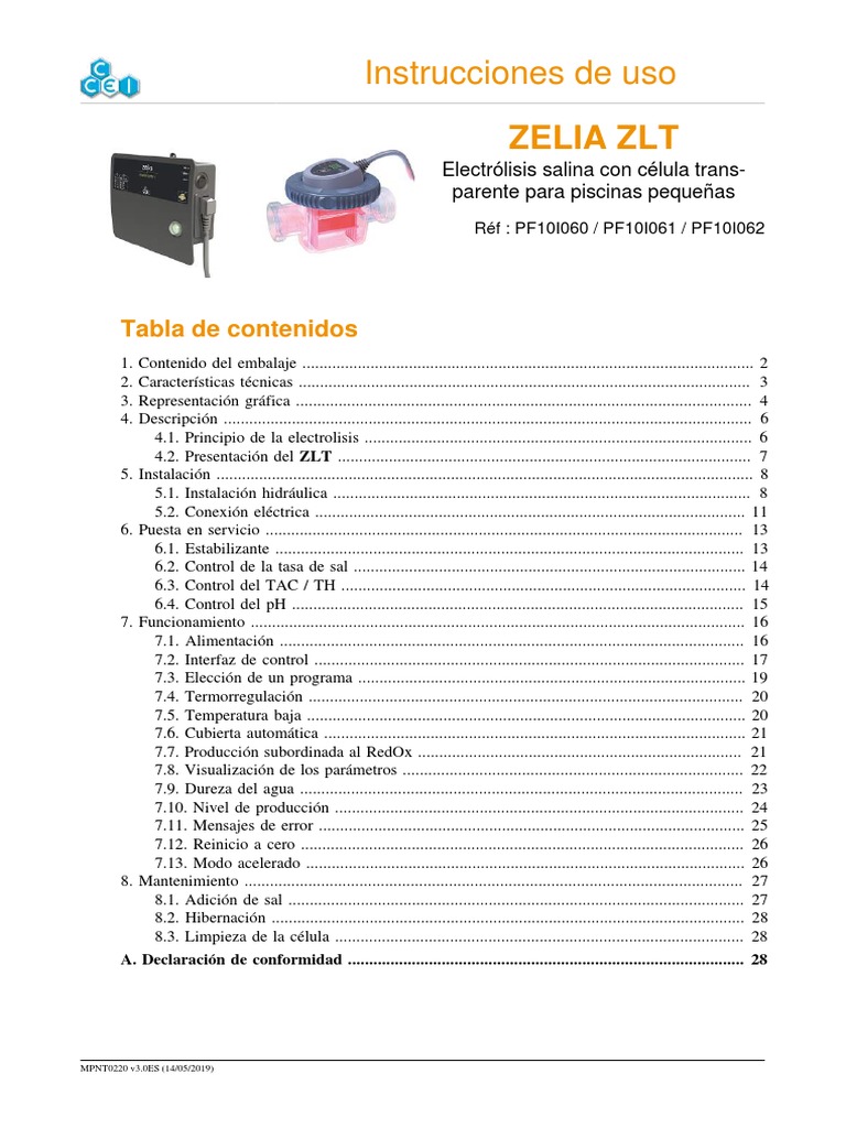 Instrucciones ZELIA ZLT para piscinas | PDF | Ph | Agua