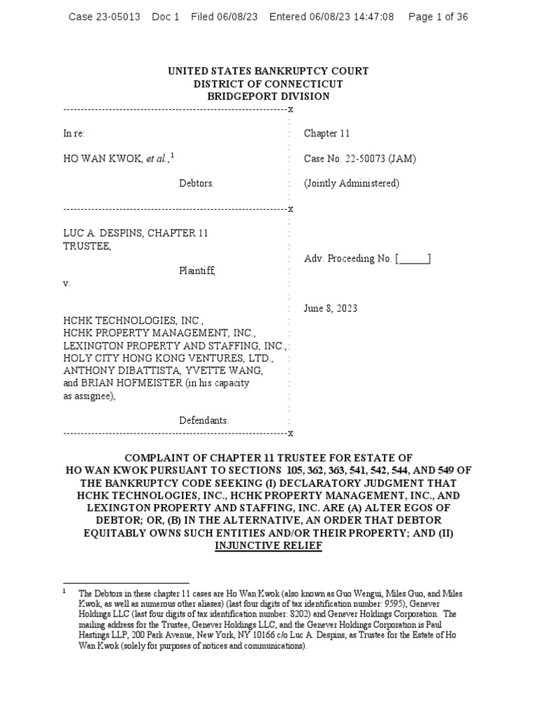 PACER Guo Bankruptcy Luc Despins Vs HCHK Dibattista Wang Et Al PDF