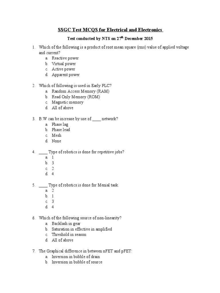 SSGC Test MCQS For Electrical and Electronics PDF Inductor Resonance