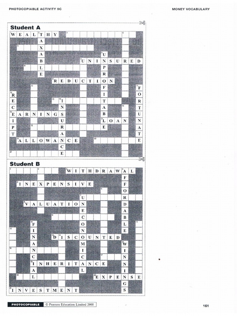 Money Vocabulary Half Crossword Student A and B PDF