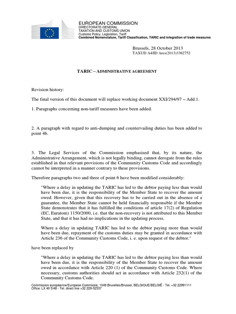 TARIC Administrative Agreement Overview | PDF | Customs | Tariff
