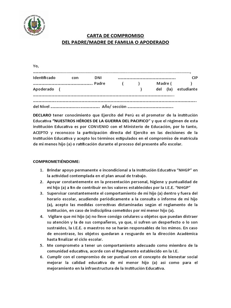 CARTA DE COMPROMISO de Padres | PDF | Derecho | Salud y bienestar