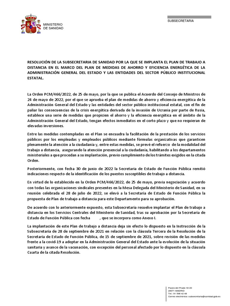 Plan de Trabajo a Distancia en Sanidad | PDF | Ministerio (Departamento ...
