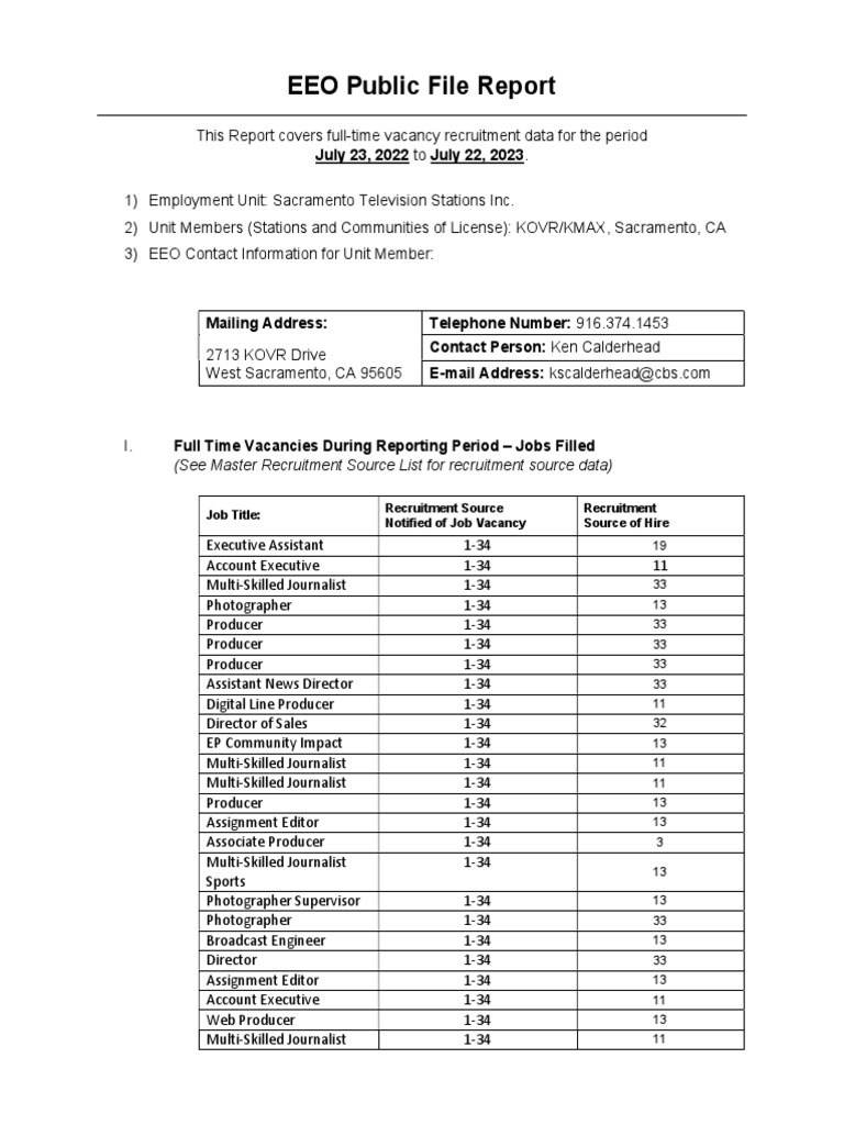 KOVR EEO Report 2023 PDF Recruitment California