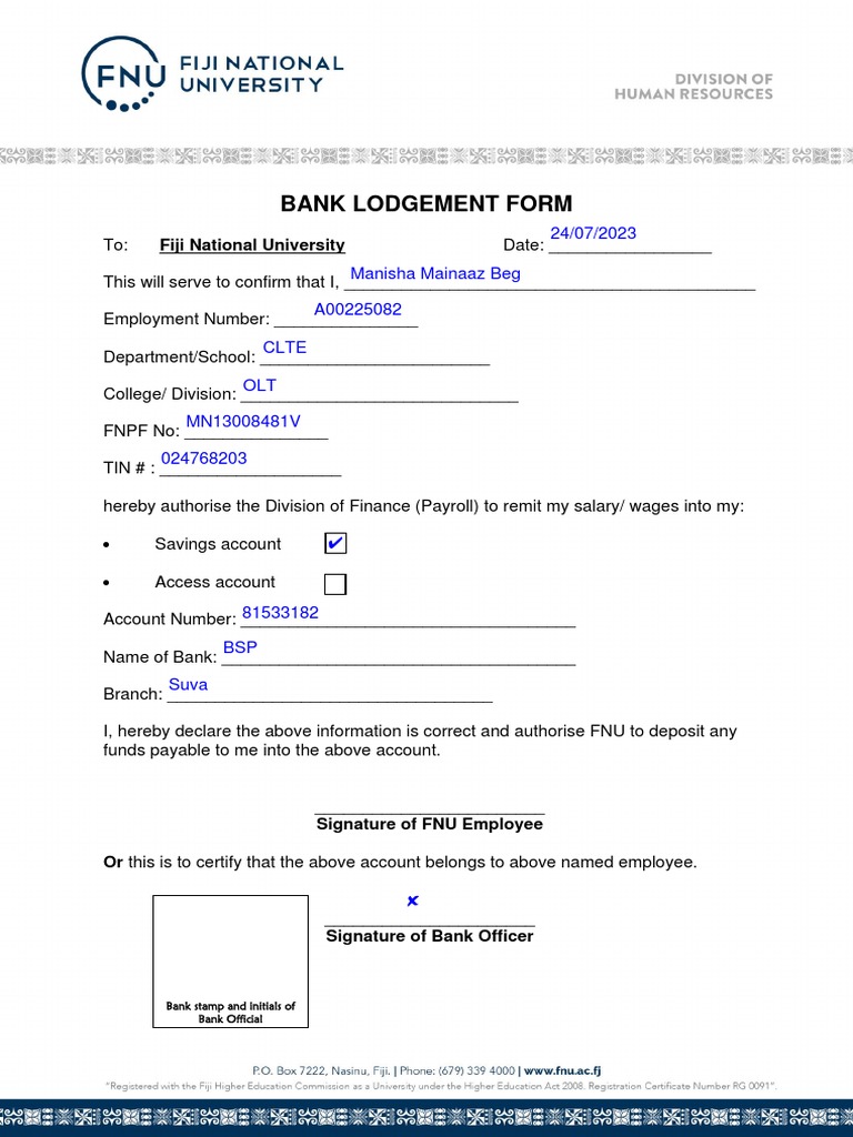 FNU Bank Lodgement Form Instructions | PDF | Finance & Money Management
