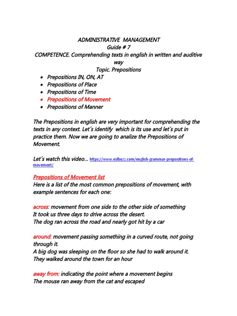 Prepositions of Movement Explained | PDF
