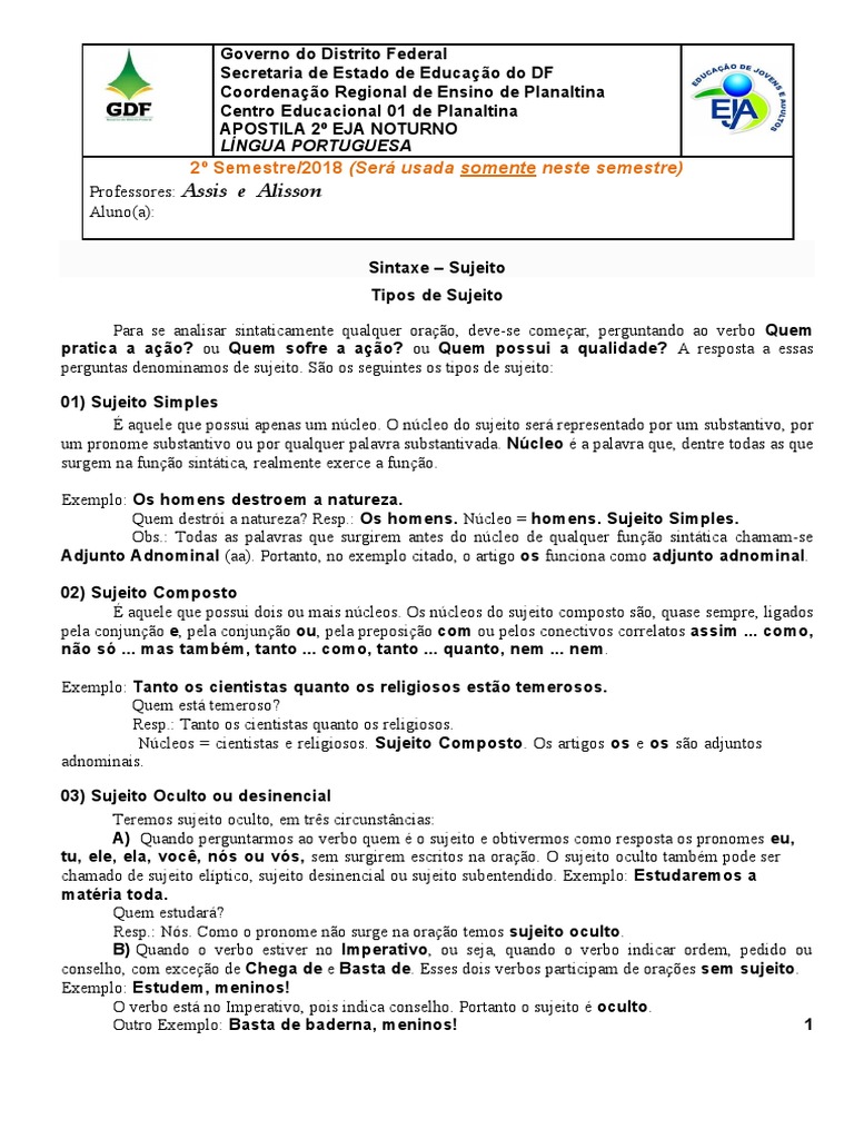 Tipos de Sujeito na Língua Portuguesa | PDF | Assunto (gramática ...