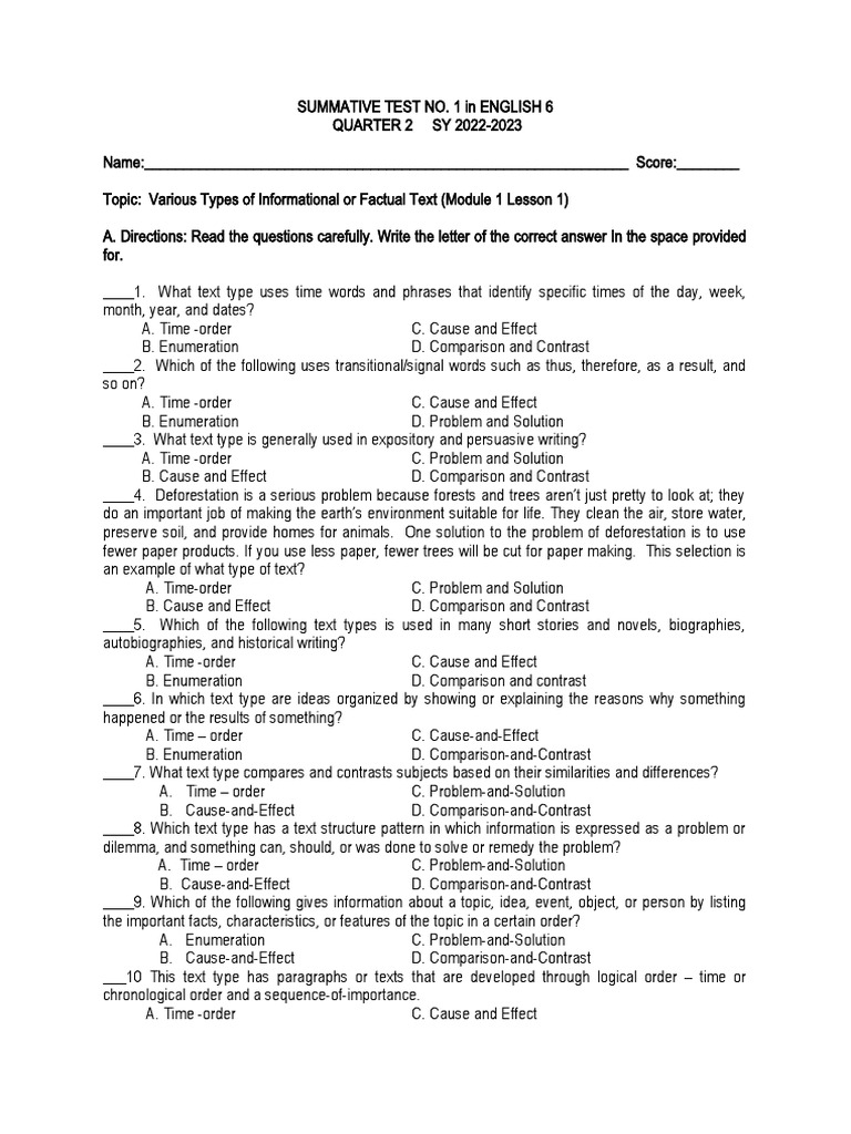 English 6 Summative Test: Text Types | PDF | Paragraph | Causality