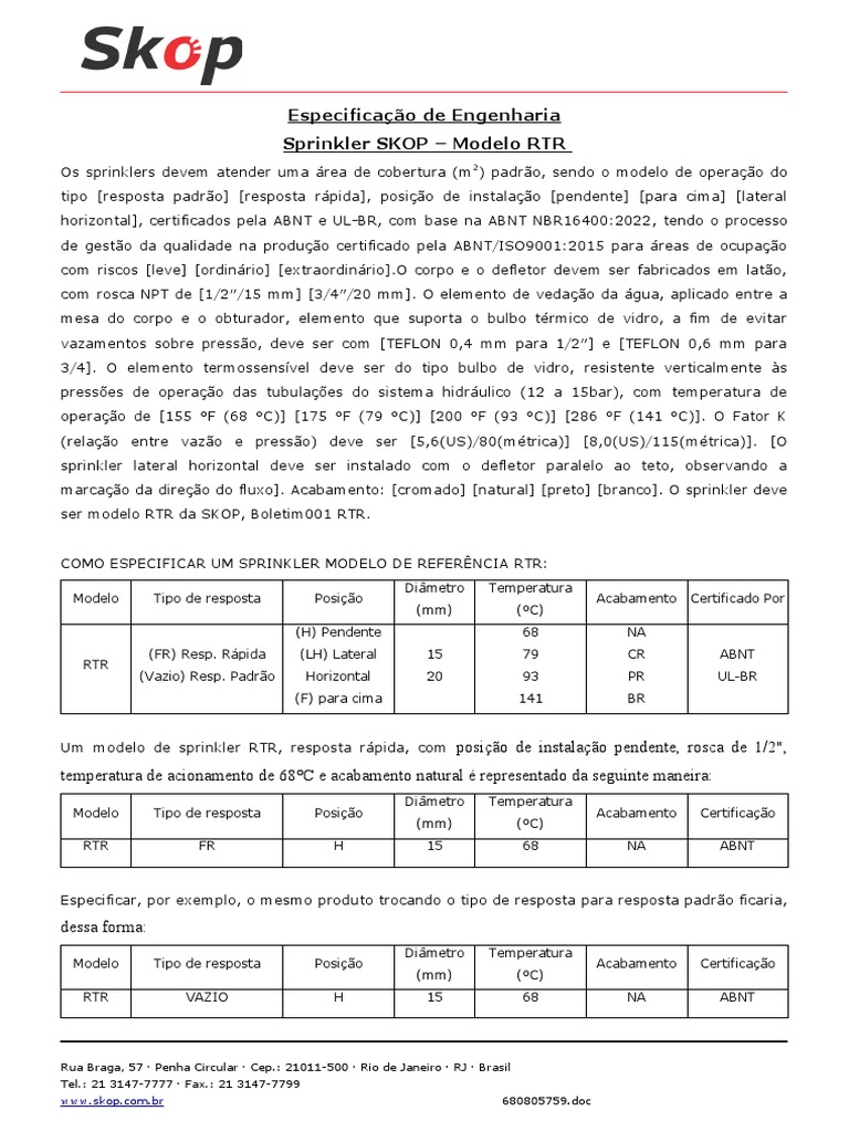 Sprinklers SKOP: Especificações RTR | PDF | Física Aplicada e ...