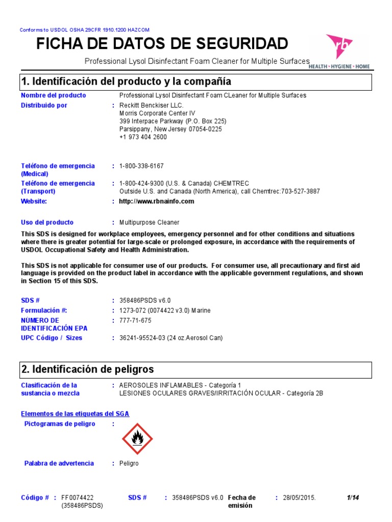 SDS Lysol Disindectant Foam Cleaner For Multiple Surfaces SP GHS