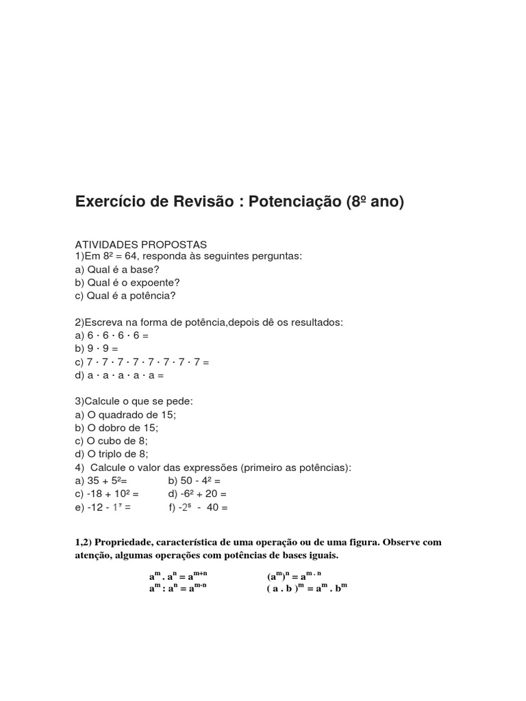 Exercícios de Potenciação para 8º Ano | PDF | Exponenciação | Matemática