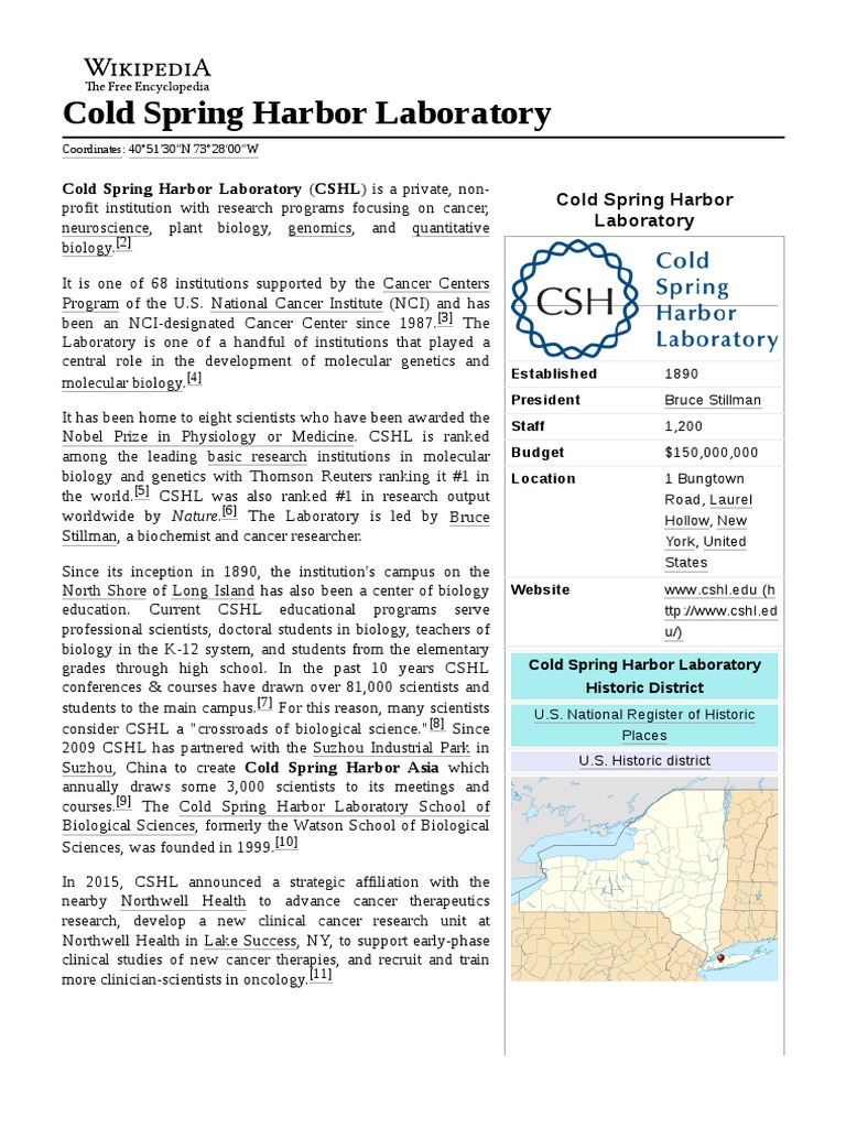 Cold Spring Harbor Laboratory Overview | PDF | James Watson | Genetics