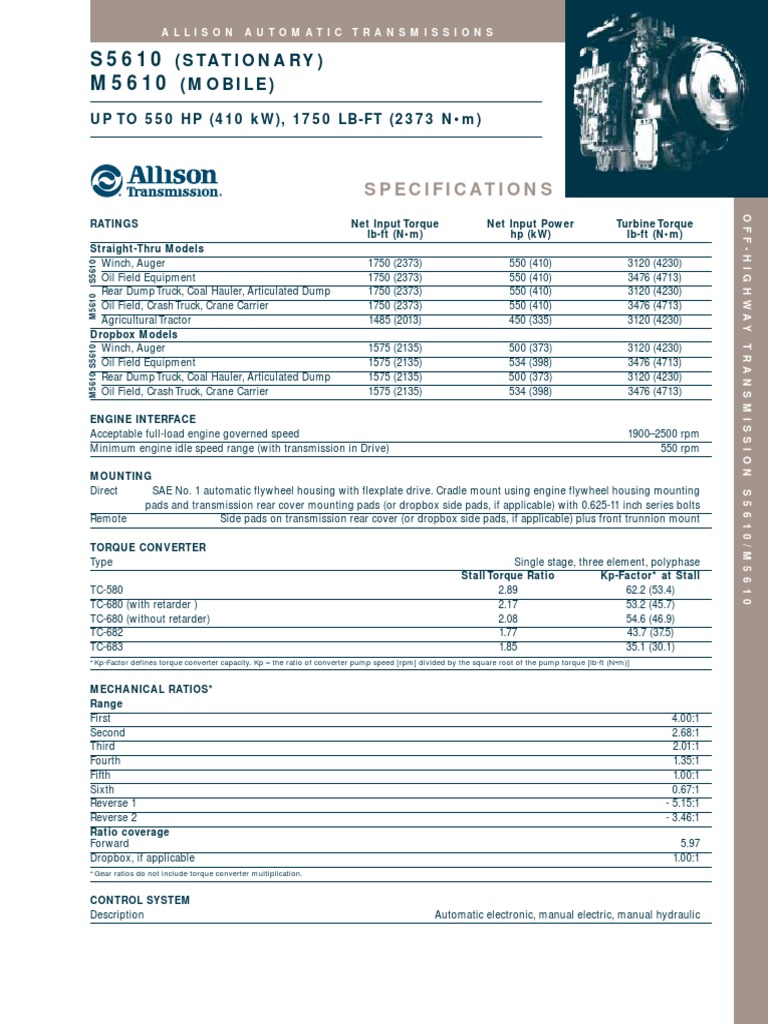 Allison S5610 Series Spec Off Highway | PDF | Automatic Transmission
