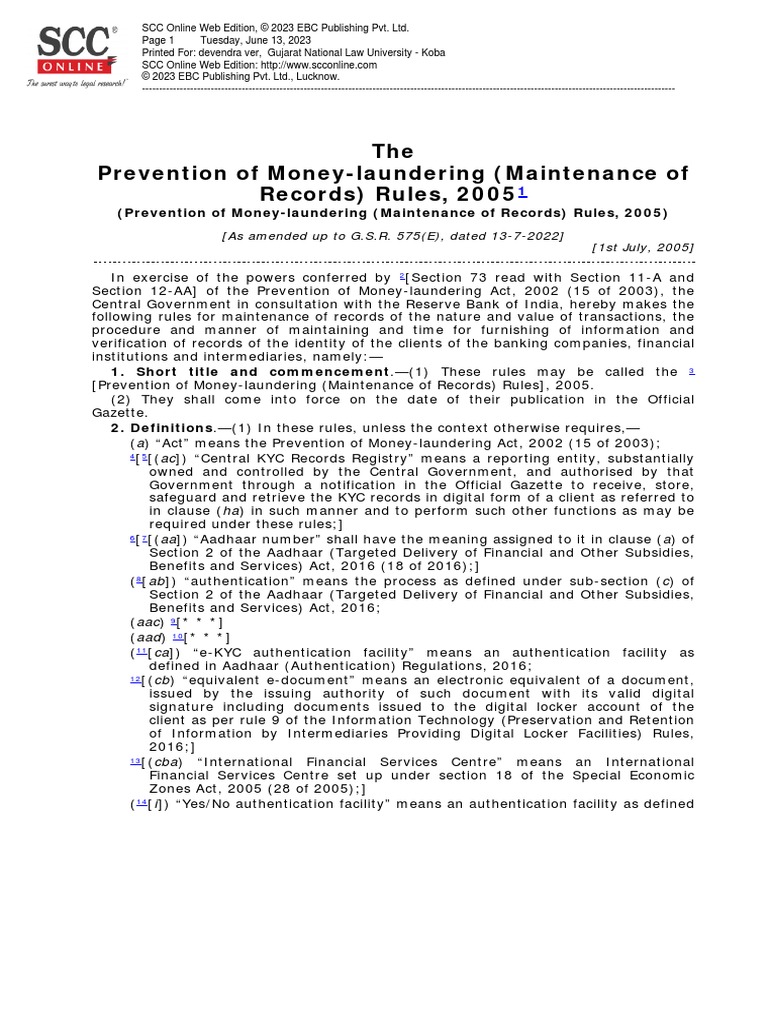 PMLA (Maintainence of Records), 2005 PDF Cheque Cash