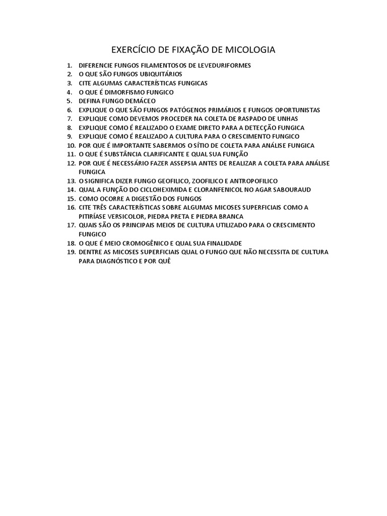 EXERCICIO DE MICOLOGIA 2022 2 (1) | PDF