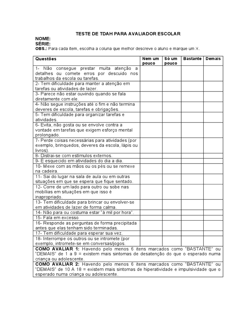 Teste de TDAH para Avaliação Escolar | PDF | Carreira e Crescimento