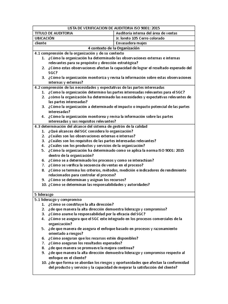 Lista de Verificacion de Auditoria Iso 9001 | PDF | Calidad (comercial ...